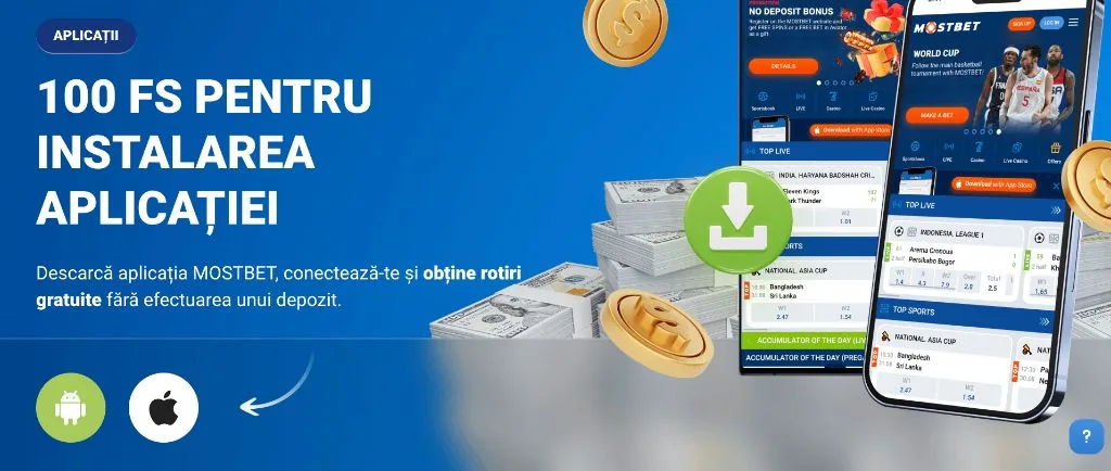 Приложение Mostbet для Android и iOS — иконки платформ и экраны программы